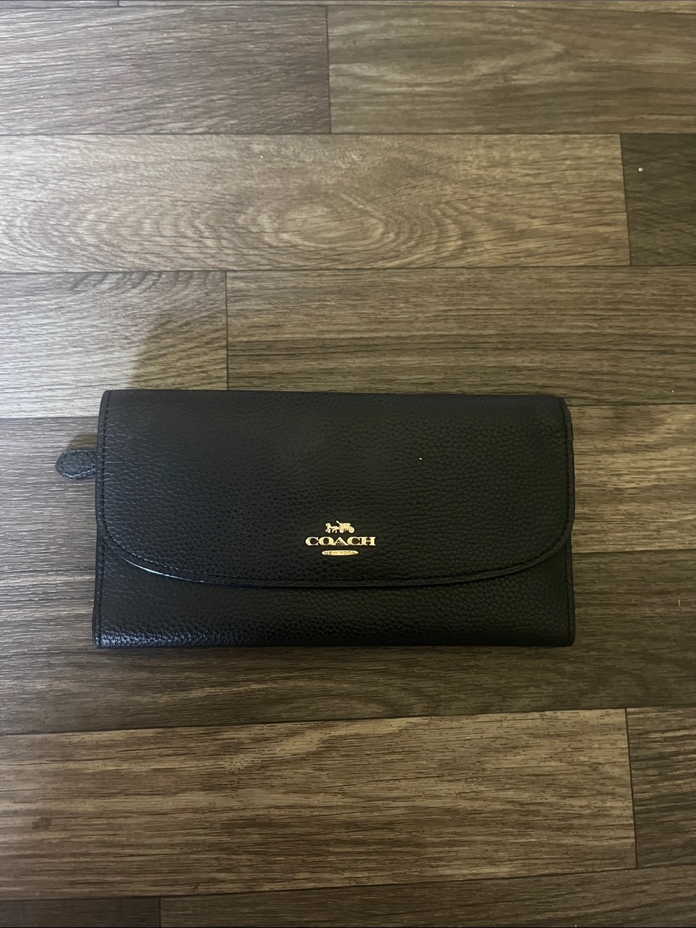Coach Black Pebbled Leather Clutch Wallet with Gold Logo
